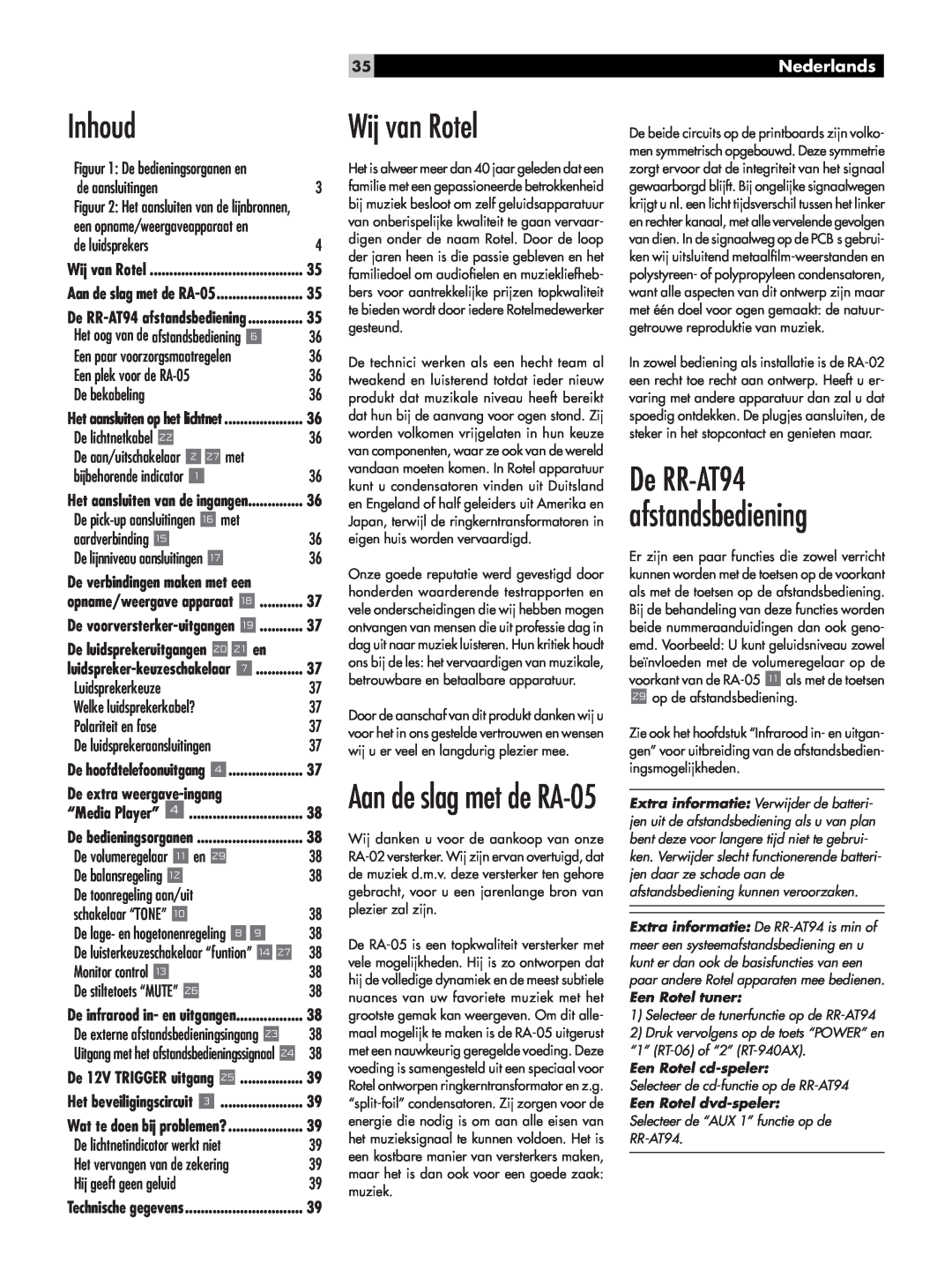 Rotel owner manual Inhoud, Wij van Rotel, De RR-AT94afstandsbediening, Aan de slag met de RA-05, Nederlands 