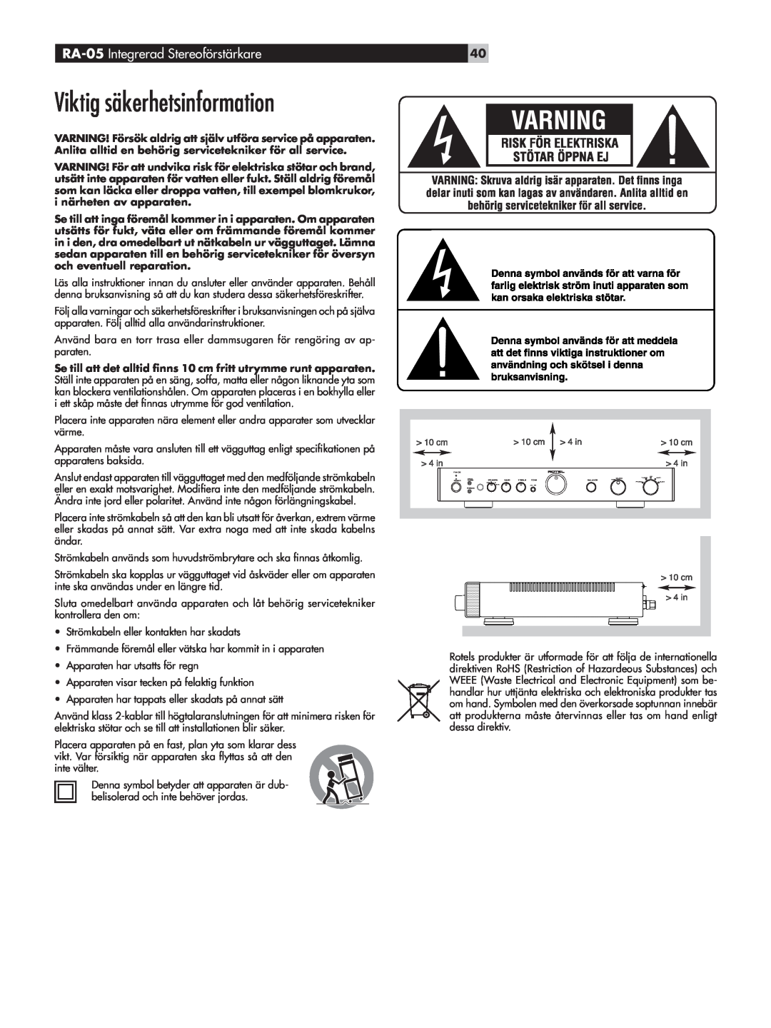 Rotel owner manual Viktig säkerhetsinformation, RA-05 Integrerad Stereoförstärkare 