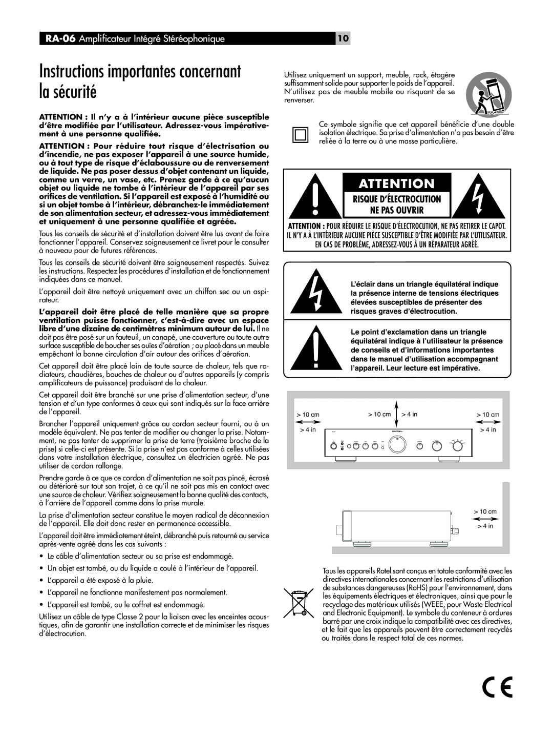 Rotel RA-06 owner manual Instructions importantes concernant la sécurité 