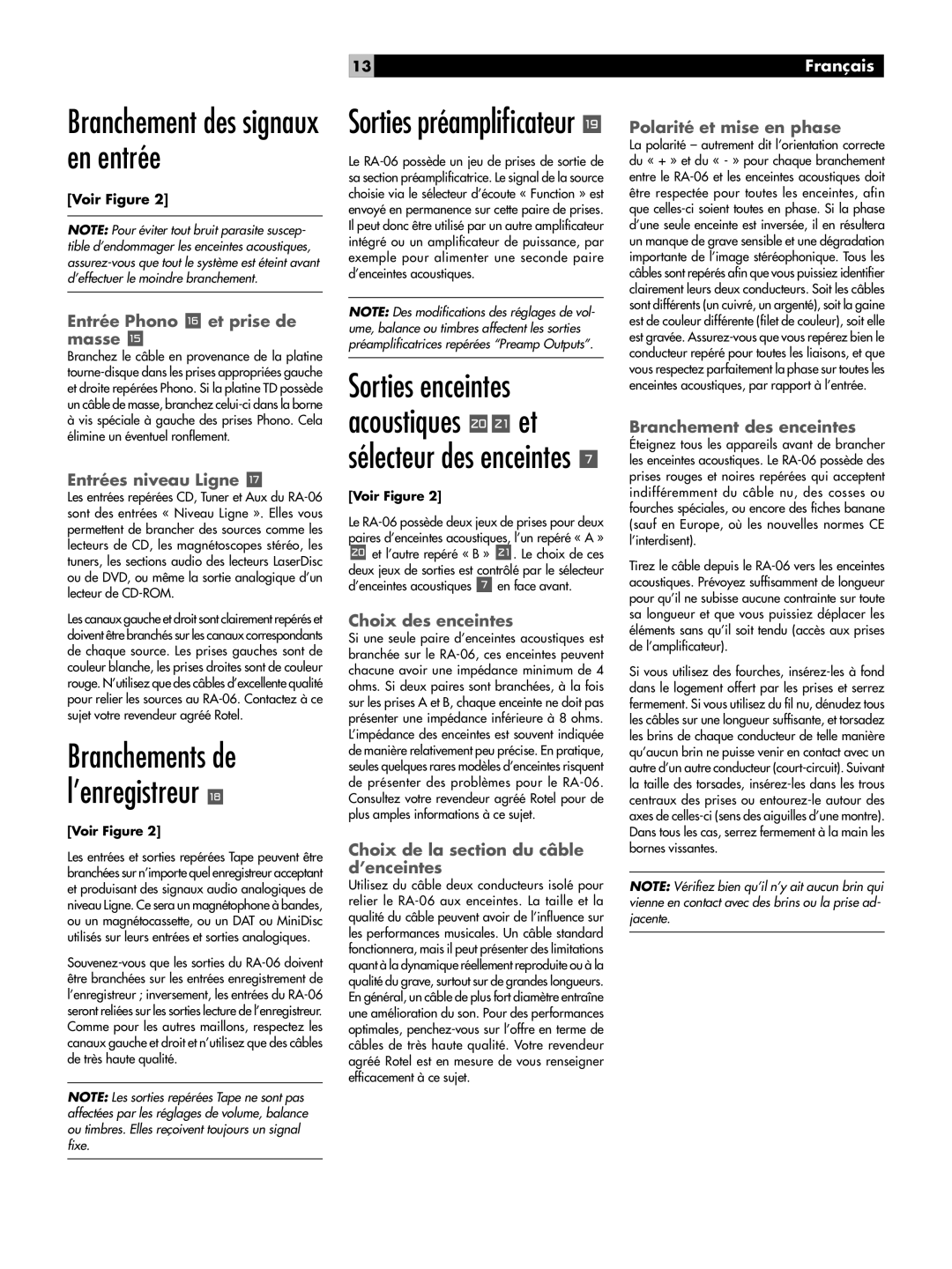 Rotel RA-06 owner manual Branchement des signaux en entrée, Sorties préampliﬁcateur u, Branchements de l’enregistreur y 