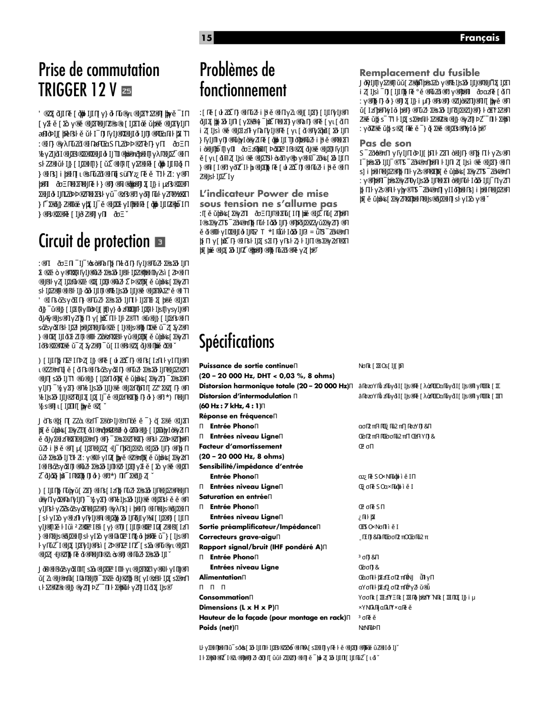 Rotel RA-06 owner manual Spéciﬁcations, Problèmes de fonctionnement, Prise de commutation Trigger 12 V 