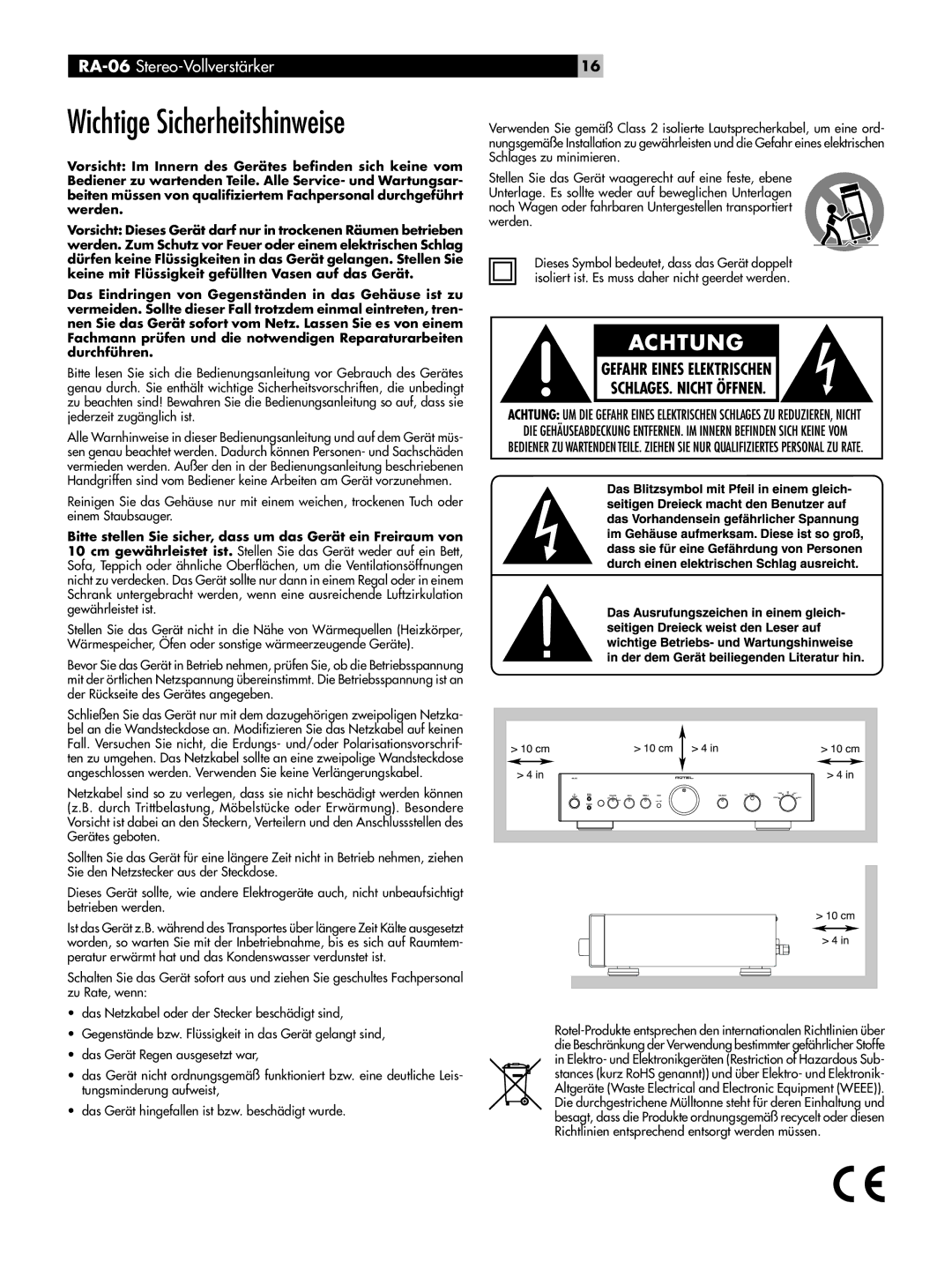 Rotel RA-06 owner manual Wichtige Sicherheitshinweise 