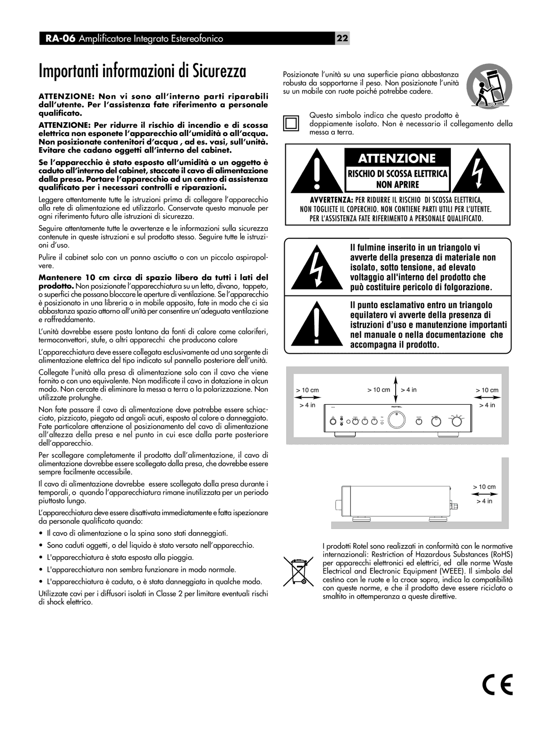 Rotel RA-06 owner manual Importanti informazioni di Sicurezza 