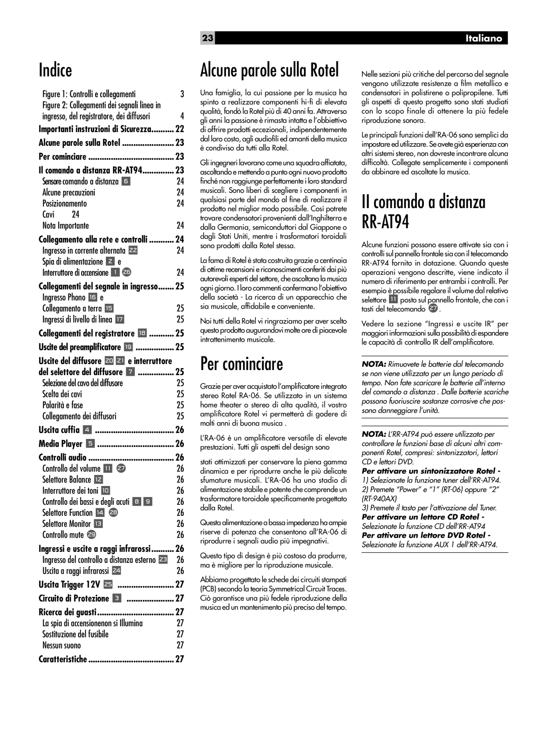 Rotel RA-06 owner manual Indice, Per cominciare, II comando a distanza RR-AT94, Alcune parole sulla Rotel, Italiano 