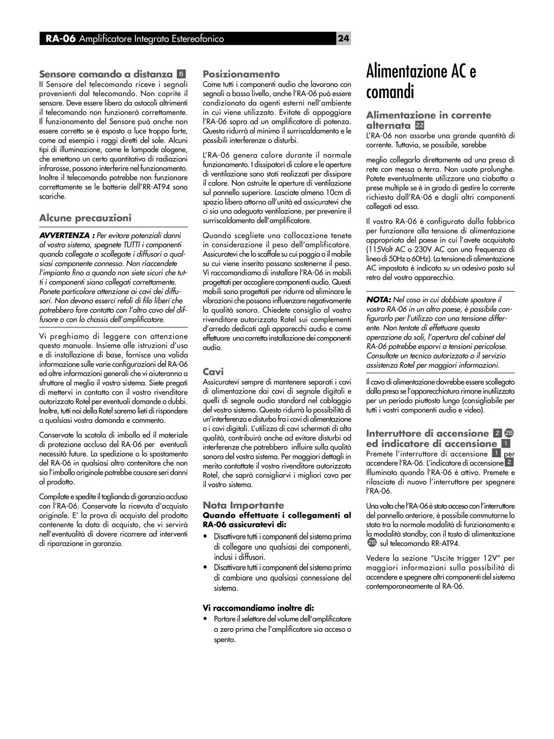 Rotel owner manual Alimentazione AC e comandi, RA-06Amplificatore Integrato Estereofonico 