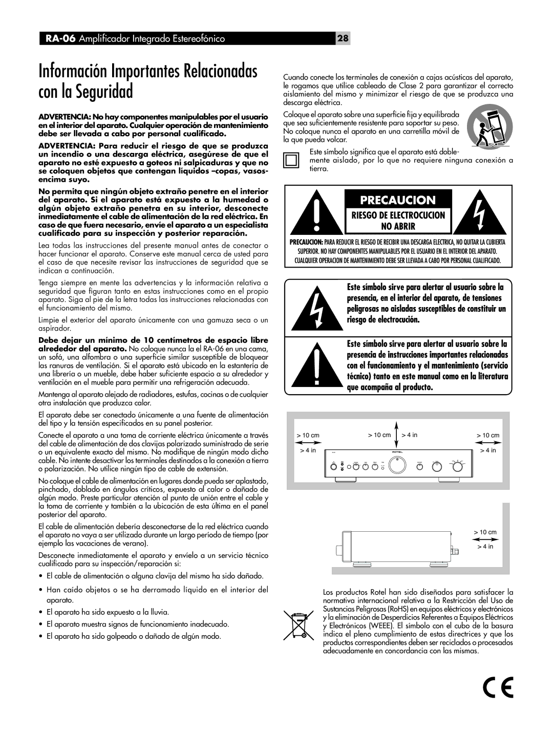 Rotel RA-06 owner manual Información Importantes Relacionadas con la Seguridad 