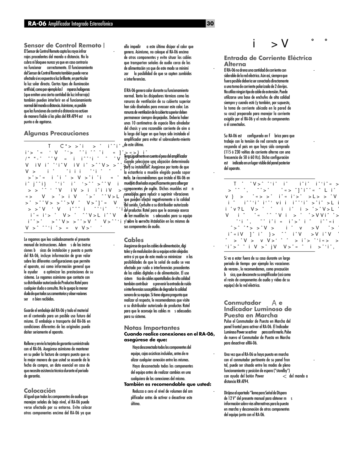 Rotel owner manual Alimentación y Control, RA-06Amplificador Integrado Estereofónico 