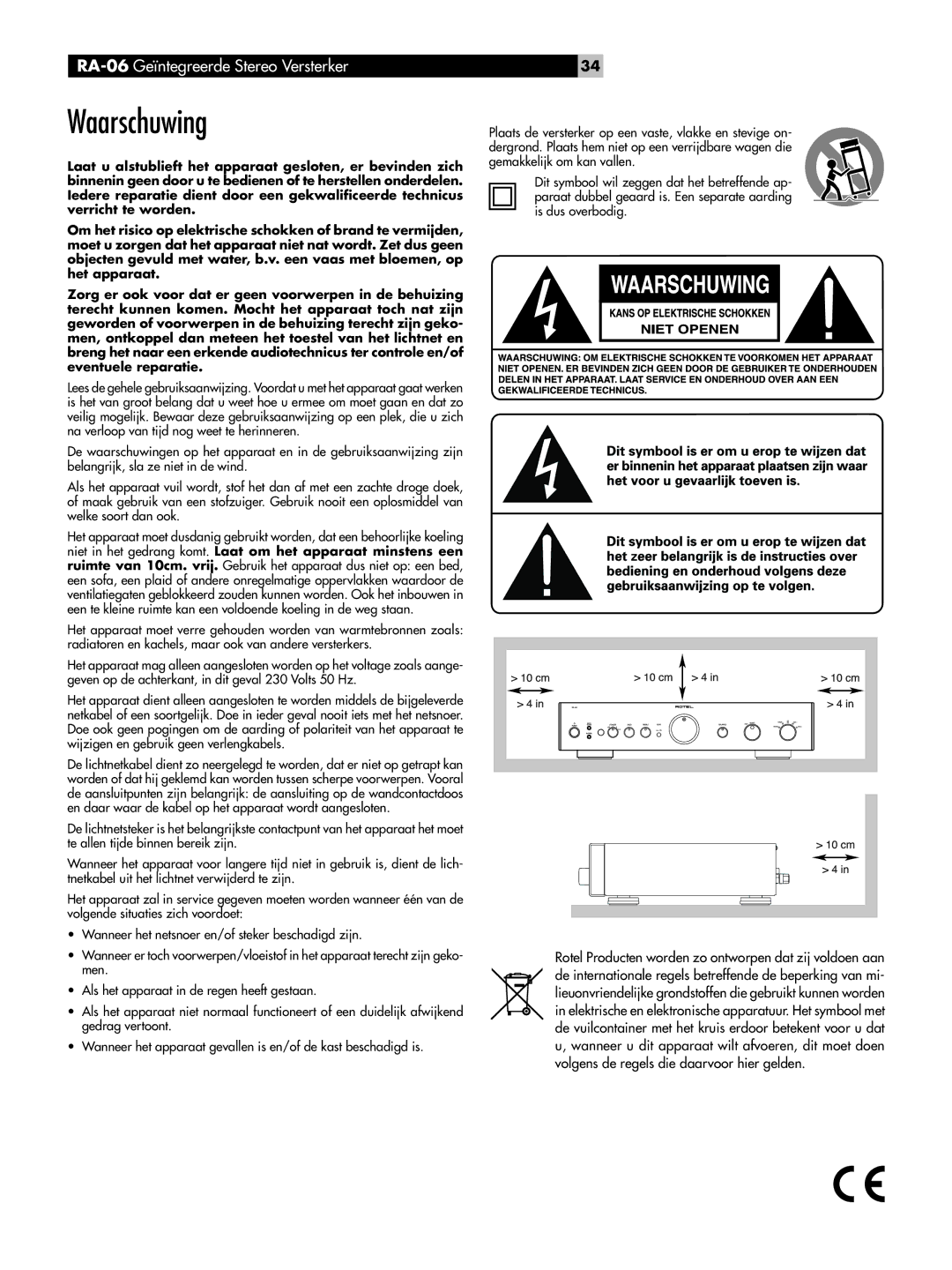 Rotel RA-06 owner manual Waarschuwing 