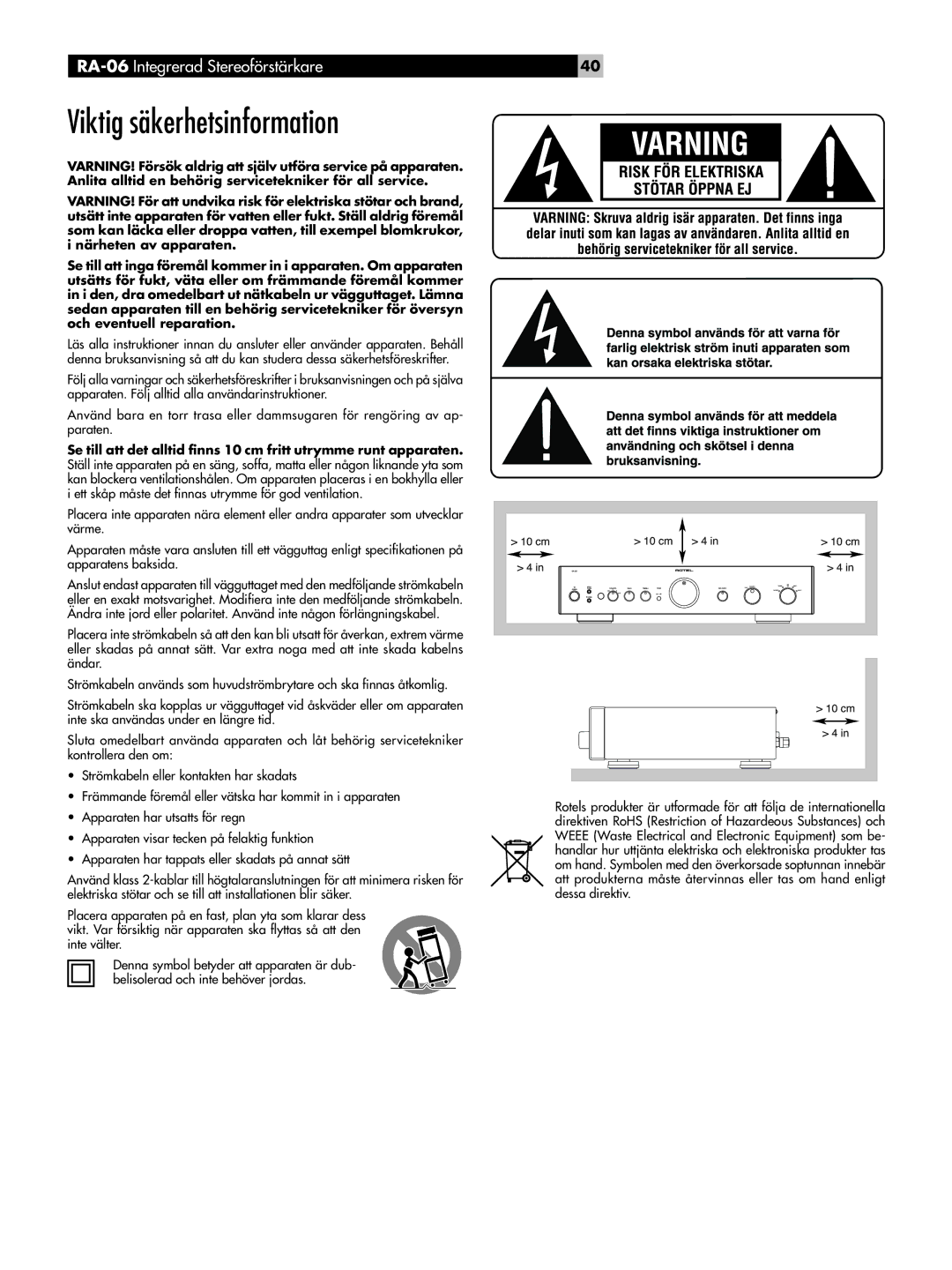 Rotel RA-06 owner manual Viktig säkerhetsinformation 