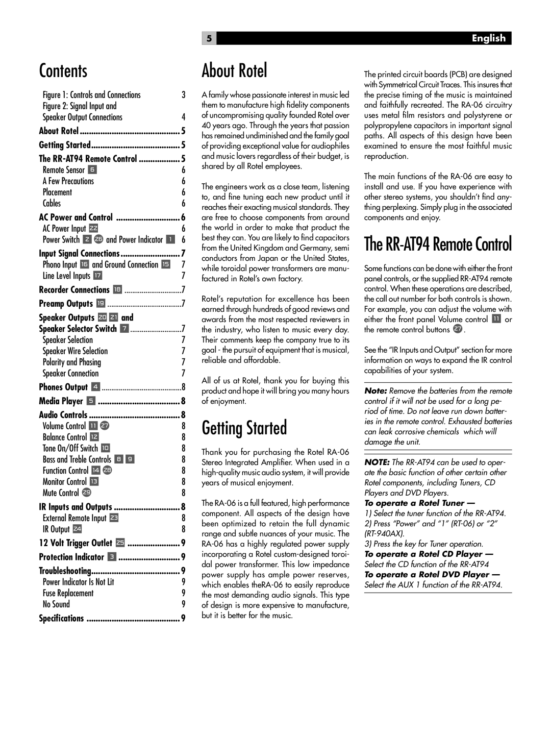 Rotel RA-06 owner manual Contents, About Rotel, Getting Started 