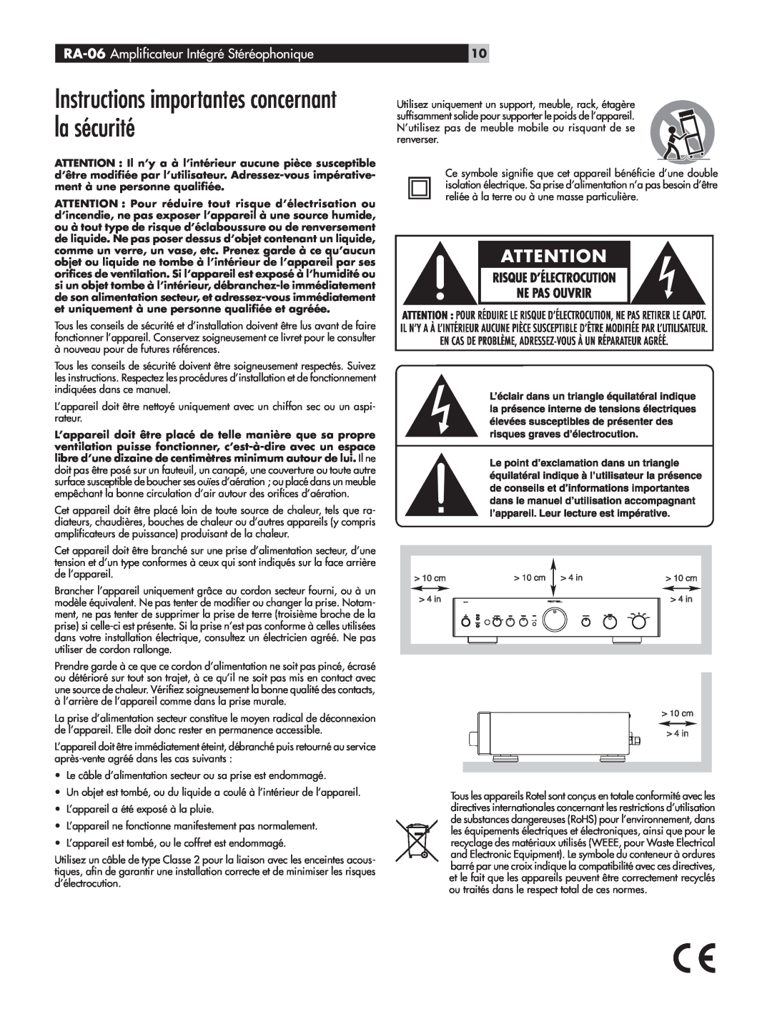 Rotel owner manual Instructions importantes concernant la sécurité, RA-06 Amplificateur Intégré Stéréophonique 