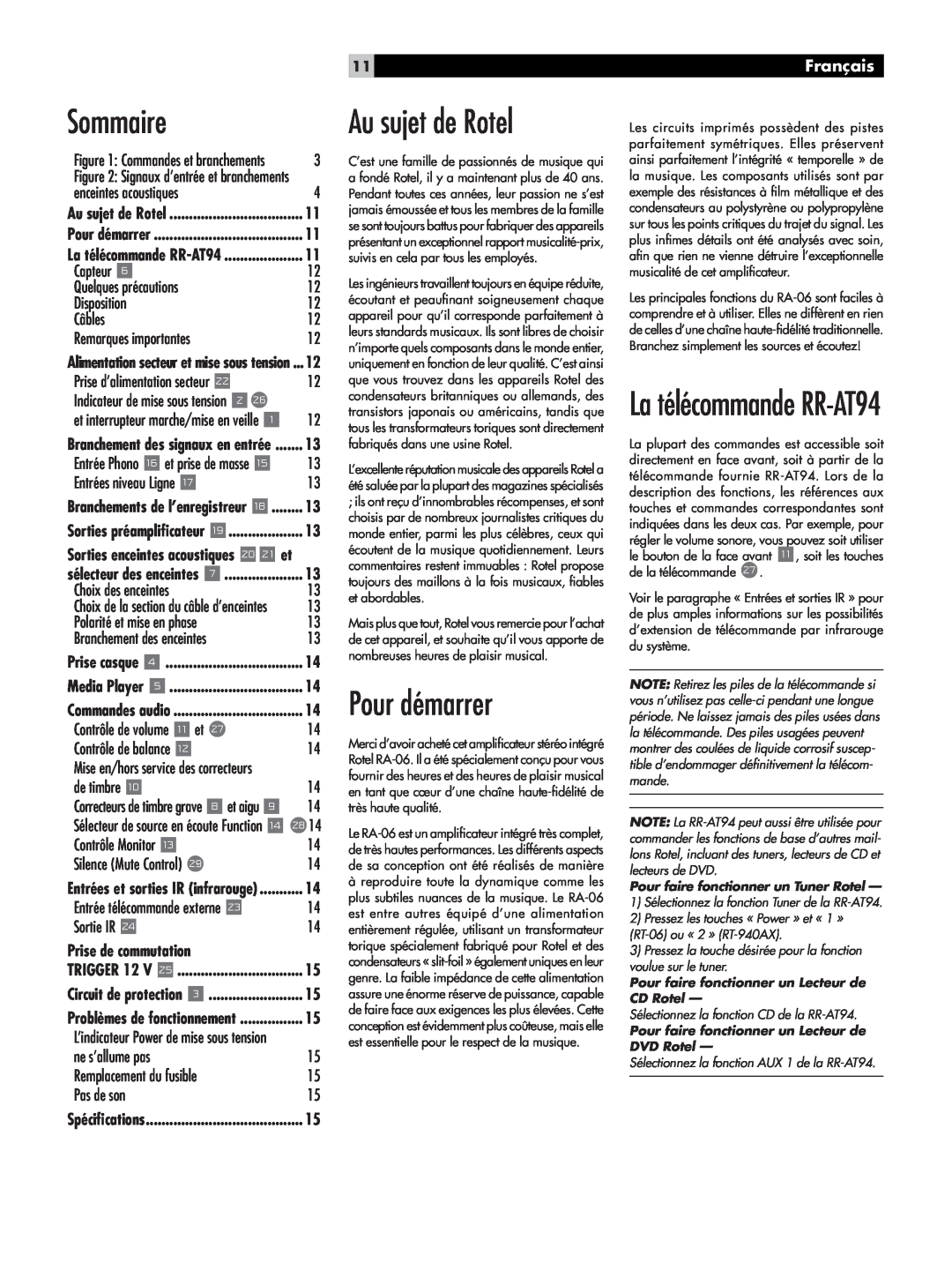 Rotel RA-06 owner manual Au sujet de Rotel, Pour démarrer, Sommaire, La télécommande RR-AT94, Français 
