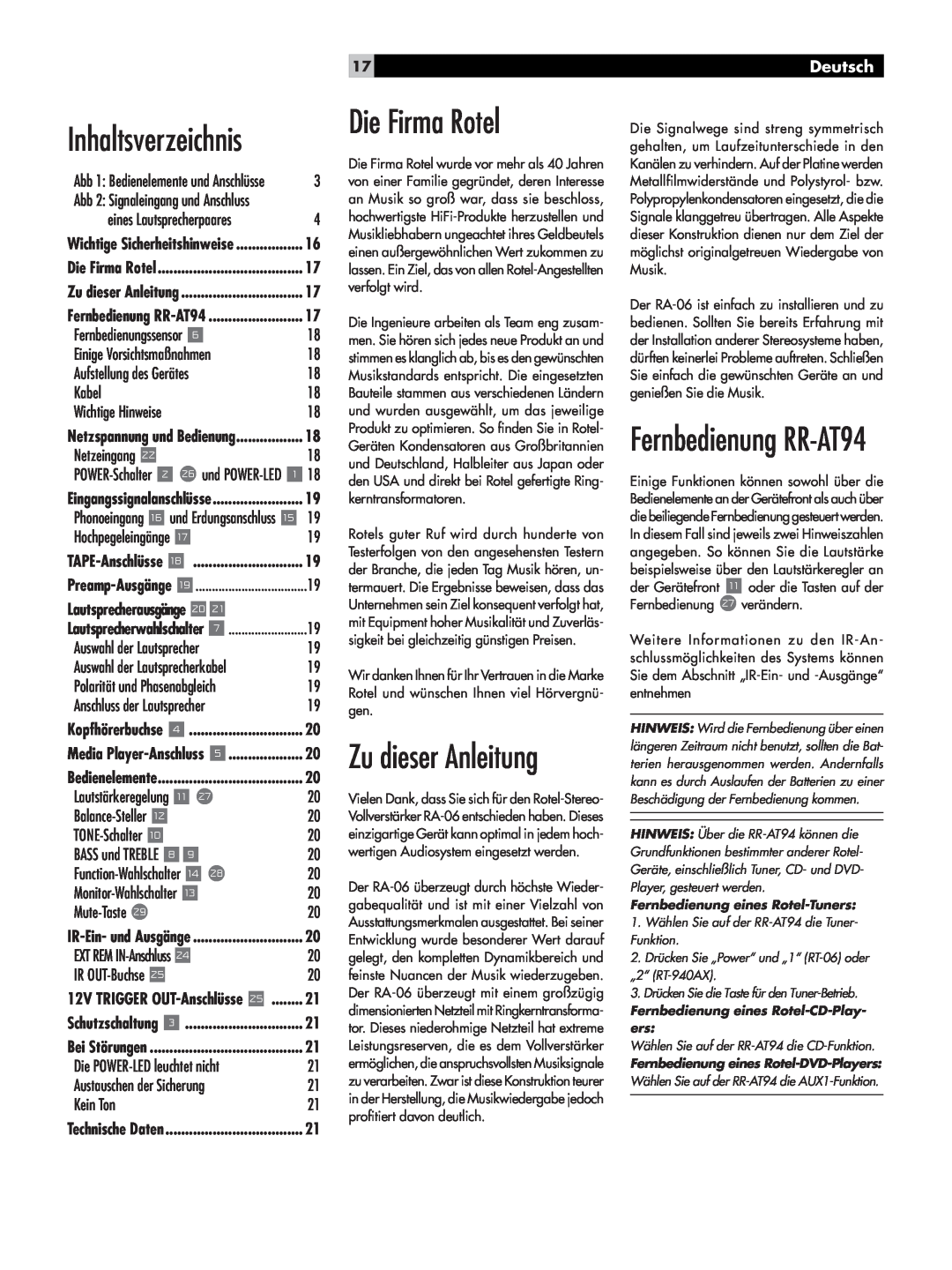 Rotel RA-06 owner manual Die Firma Rotel, Inhaltsverzeichnis, Zu dieser Anleitung, Fernbedienung RR-AT94, Deutsch 