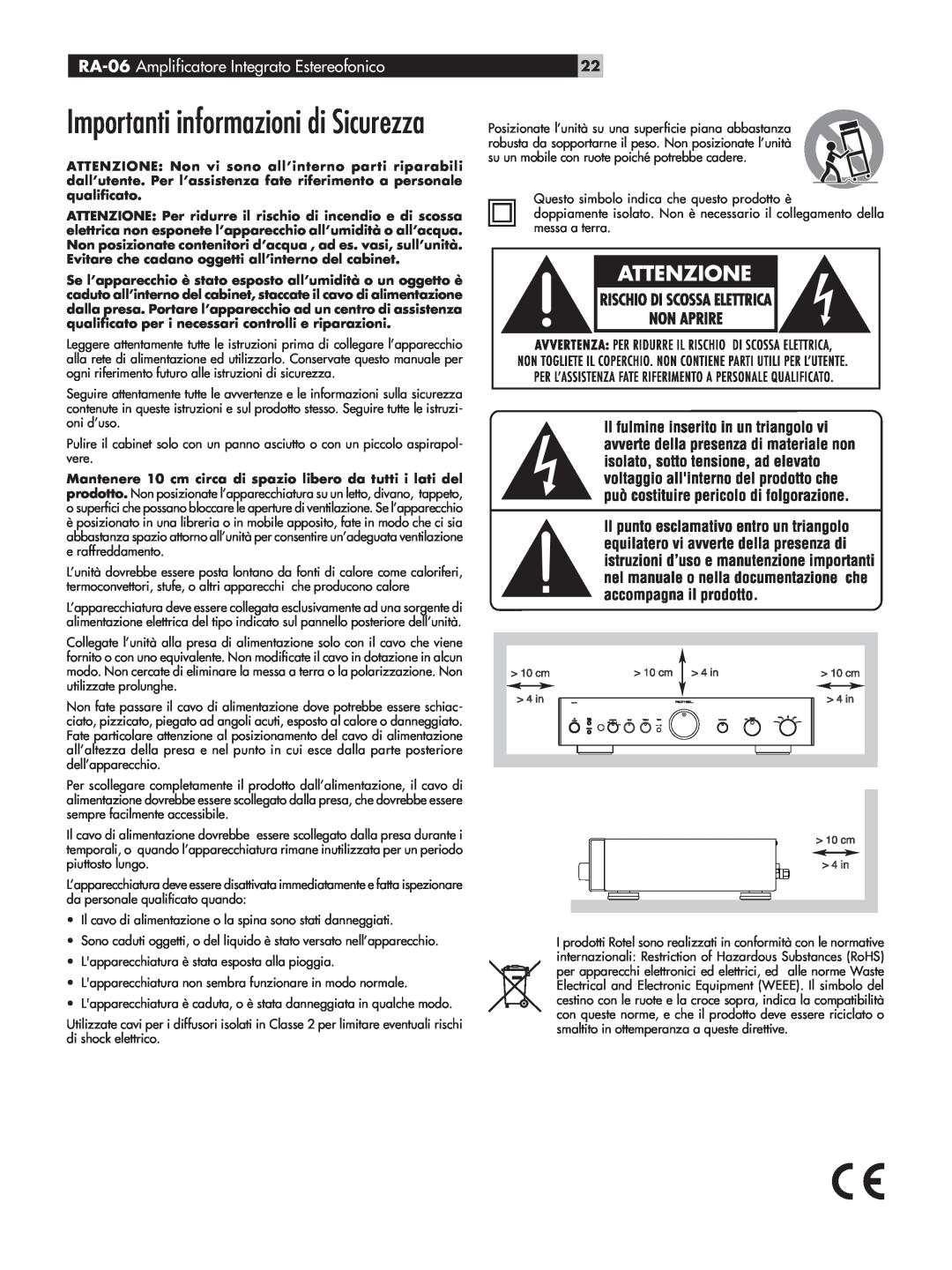 Rotel owner manual Importanti informazioni di Sicurezza, RA-06 Amplificatore Integrato Estereofonico 