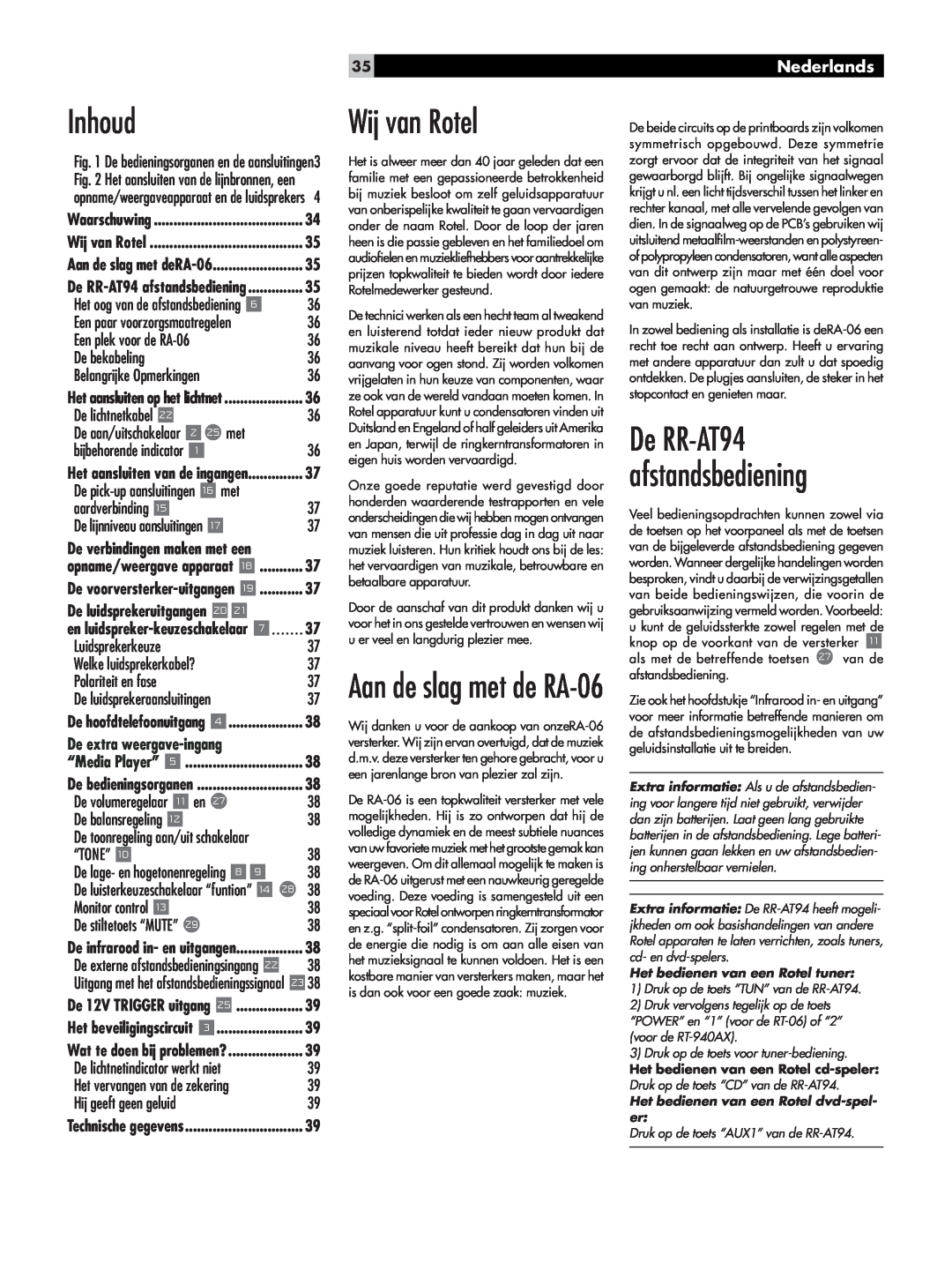 Rotel owner manual Inhoud, Wij van Rotel, Aan de slag met de RA-06, De RR-AT94afstandsbediening, Nederlands 