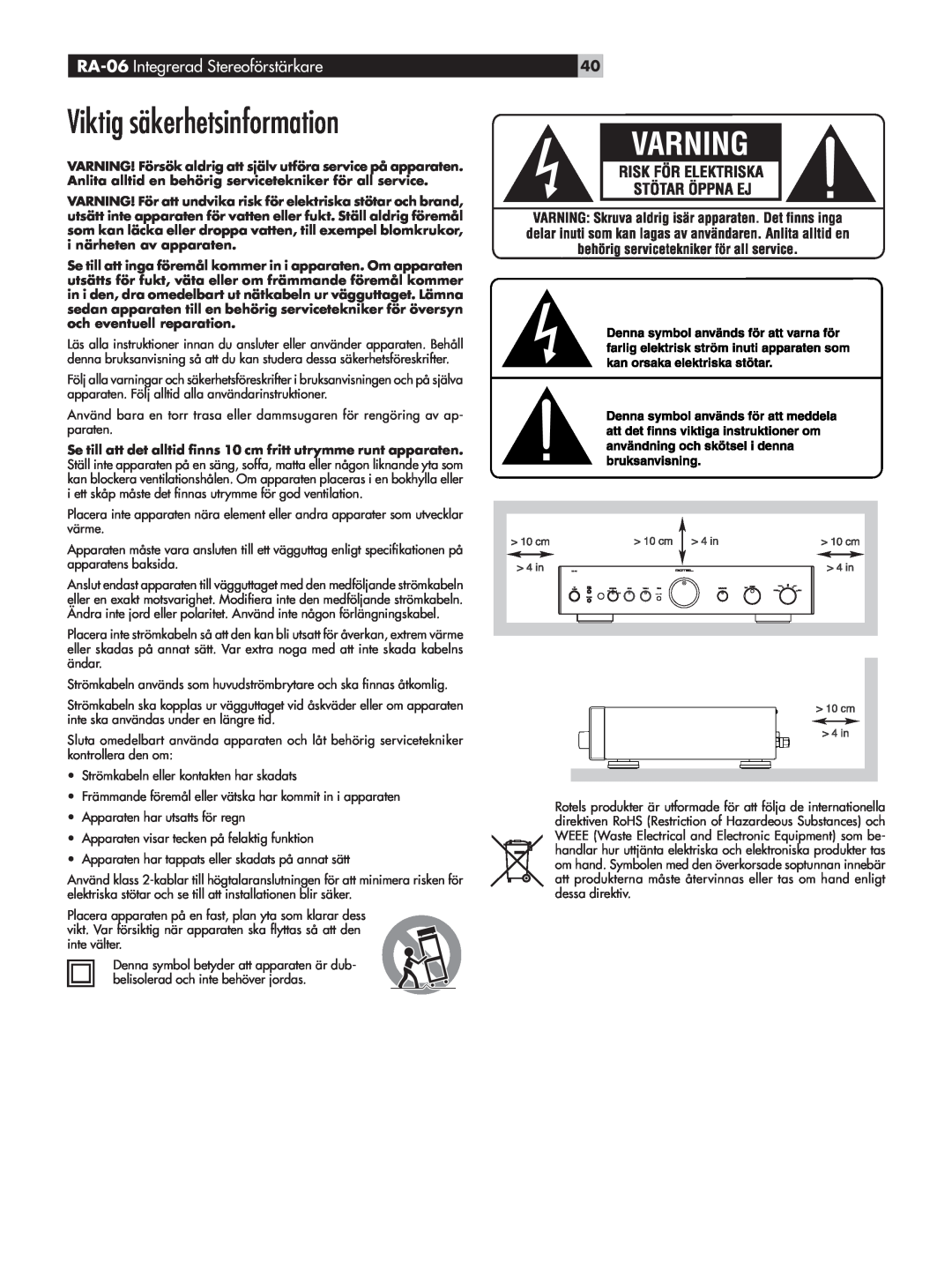 Rotel owner manual Viktig säkerhetsinformation, RA-06 Integrerad Stereoförstärkare 