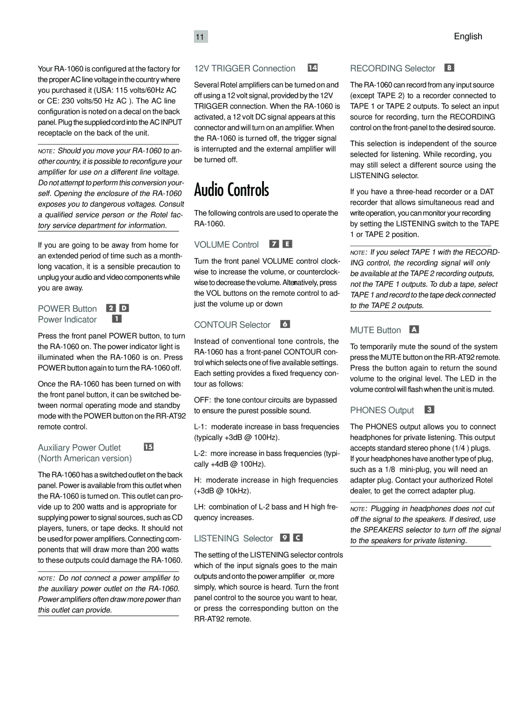 Rotel RA-1060 owner manual Audio Controls 