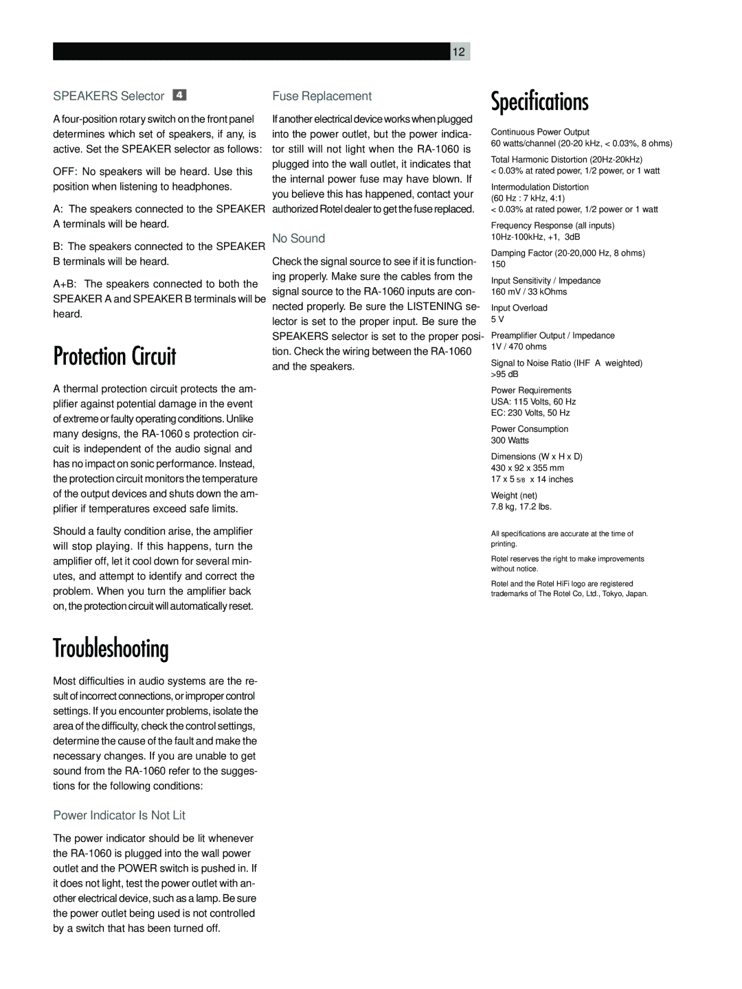 Rotel RA-1060 owner manual Specifications, Protection Circuit, Troubleshooting 