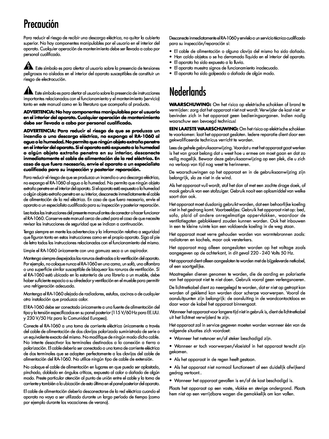 Rotel RA-1060 owner manual Precaución, Nederlands 