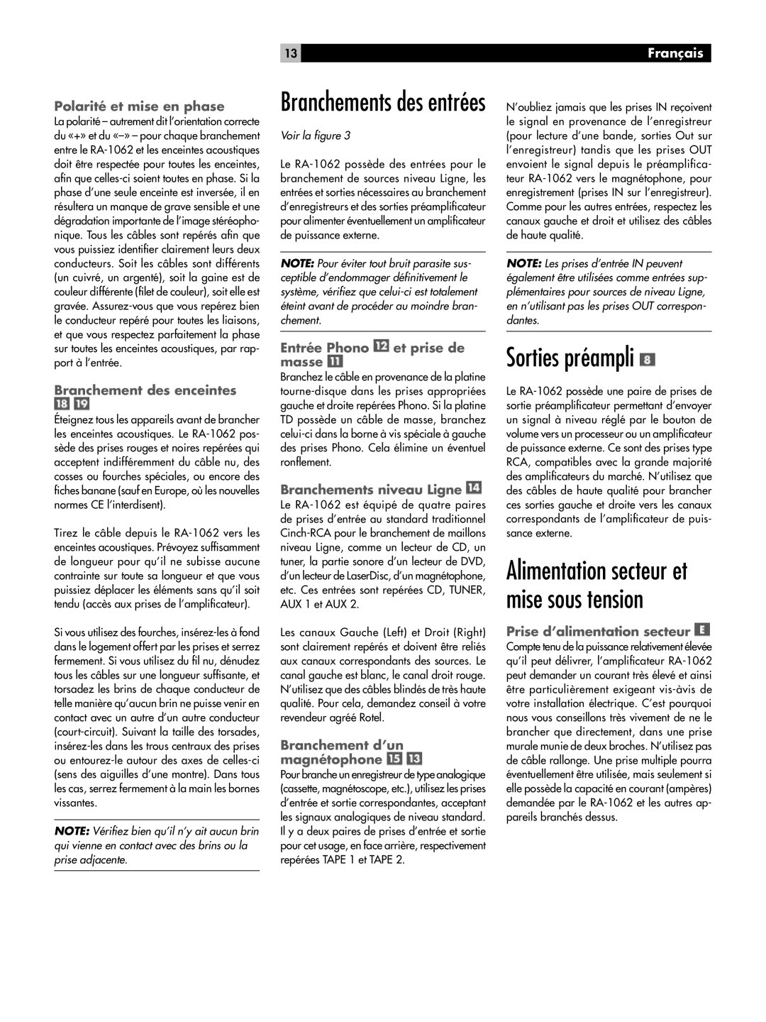 Rotel RA-1062 owner manual Sorties préampli, Alimentation secteur et mise sous tension 