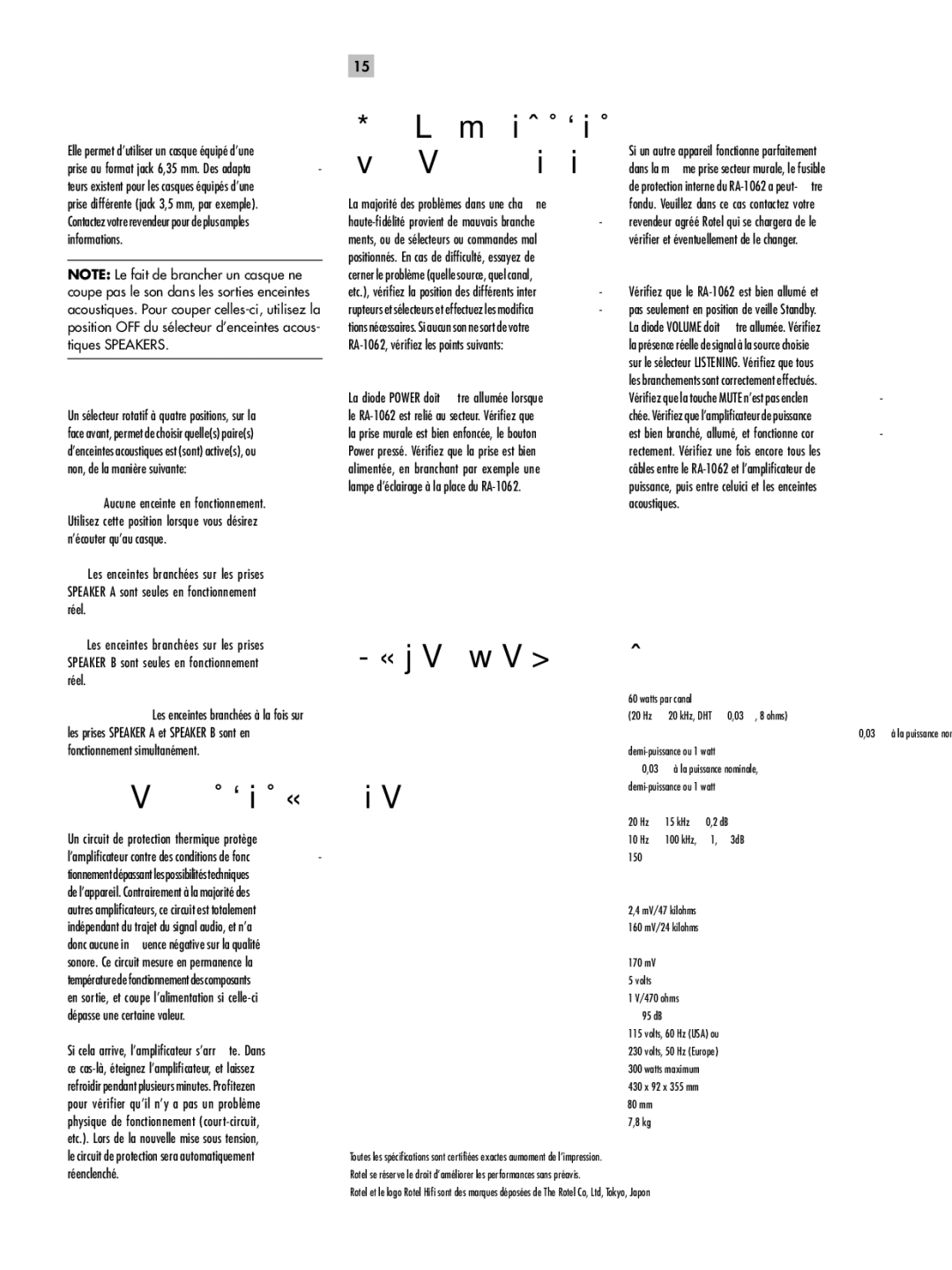 Rotel RA-1062 owner manual Spéciﬁcations, Problèmes de fonctionnement 