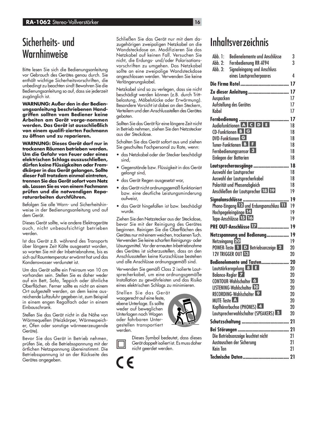 Rotel RA-1062 owner manual Sicherheits- und Warnhinweise, Inhaltsverzeichnis 