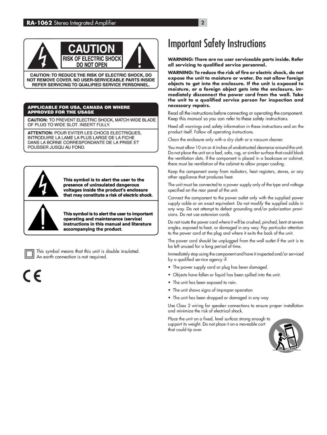 Rotel RA-1062 owner manual Important Safety Instructions 