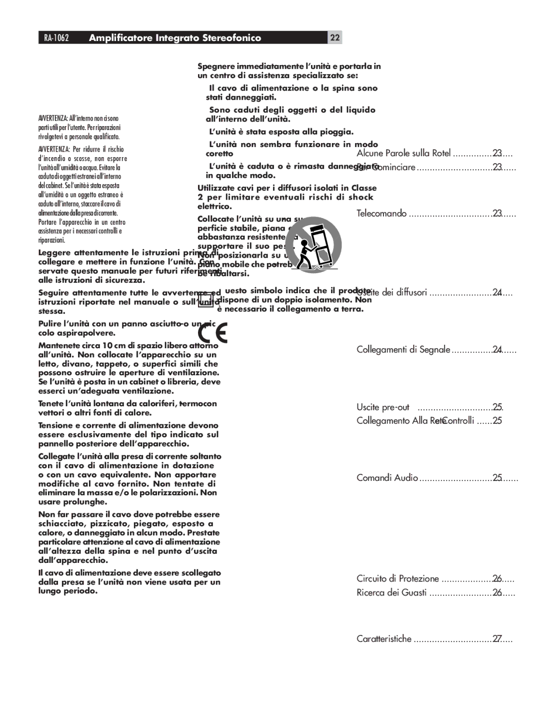 Rotel owner manual Sommario, RA-1062Amplificatore Integrato Stereofonico 