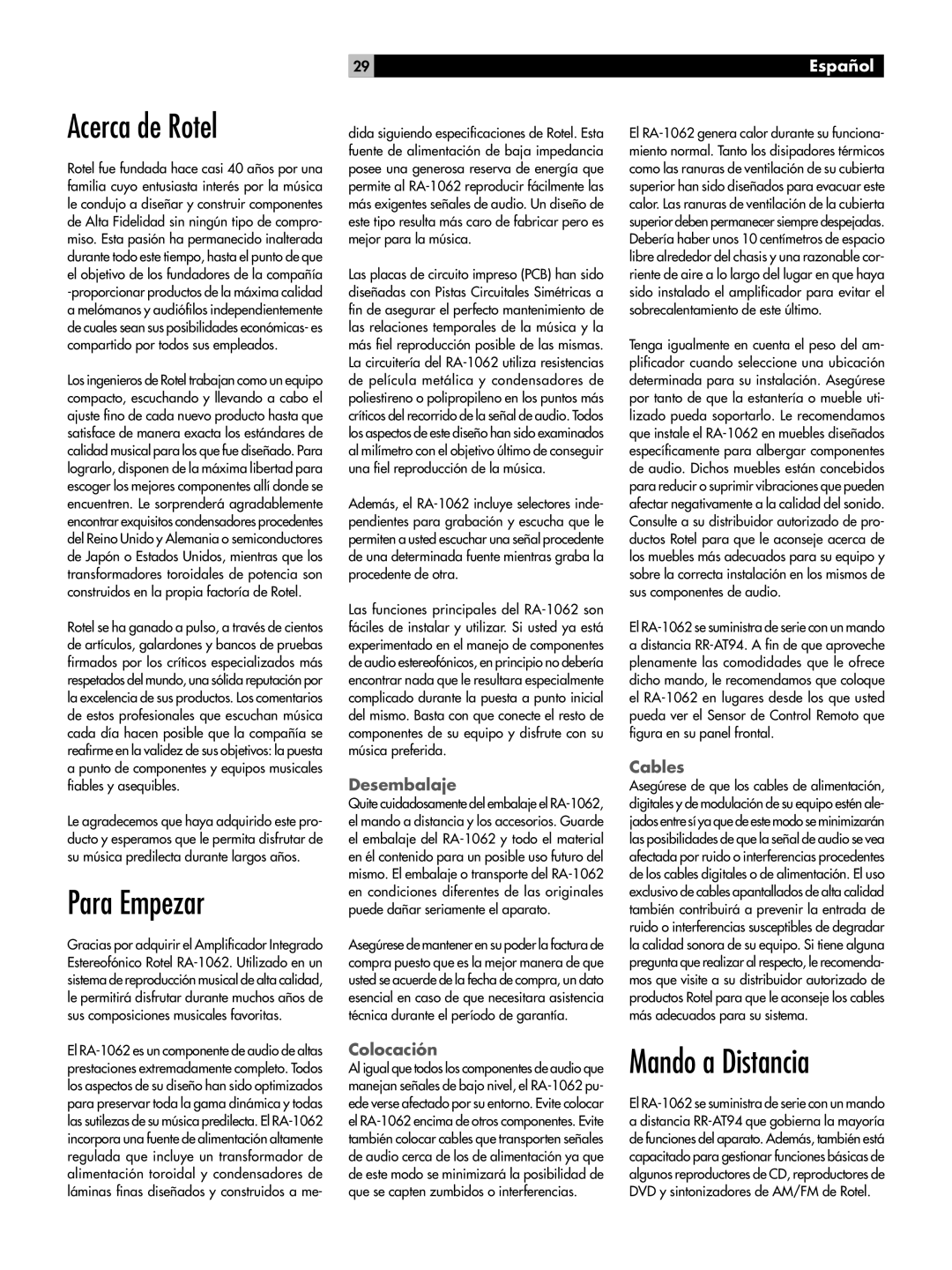 Rotel RA-1062 owner manual Acerca de Rotel, Para Empezar, Mando a Distancia, Español 