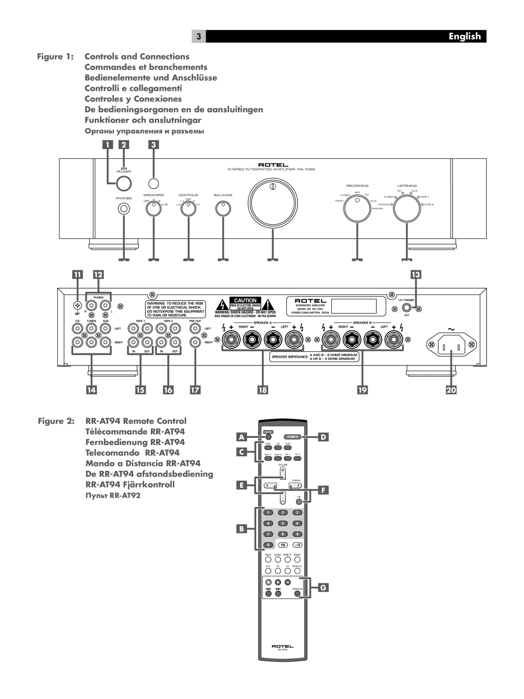 Rotel RA-1062 owner manual English, RR-AT94 Remote Control Télécommande RR-AT94 