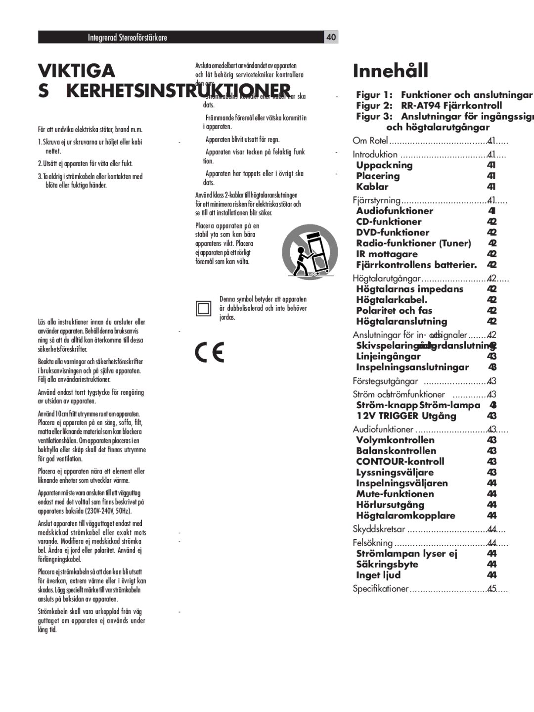 Rotel RA-1062 owner manual Innehåll, Viktiga Säkerhetsinstruktioner 