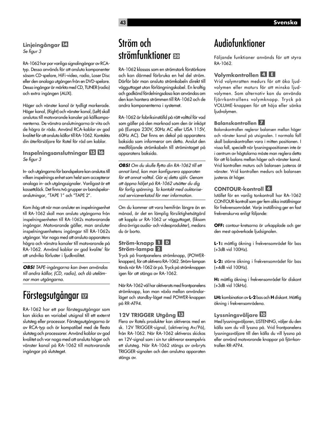 Rotel RA-1062 owner manual Ström och strömfunktioner 