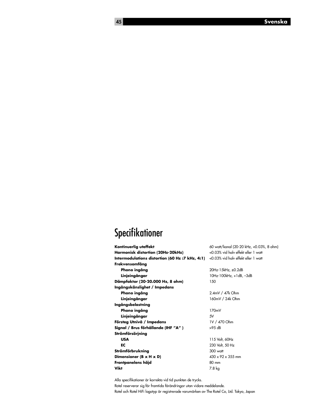 Rotel RA-1062 owner manual Speciﬁkationer 