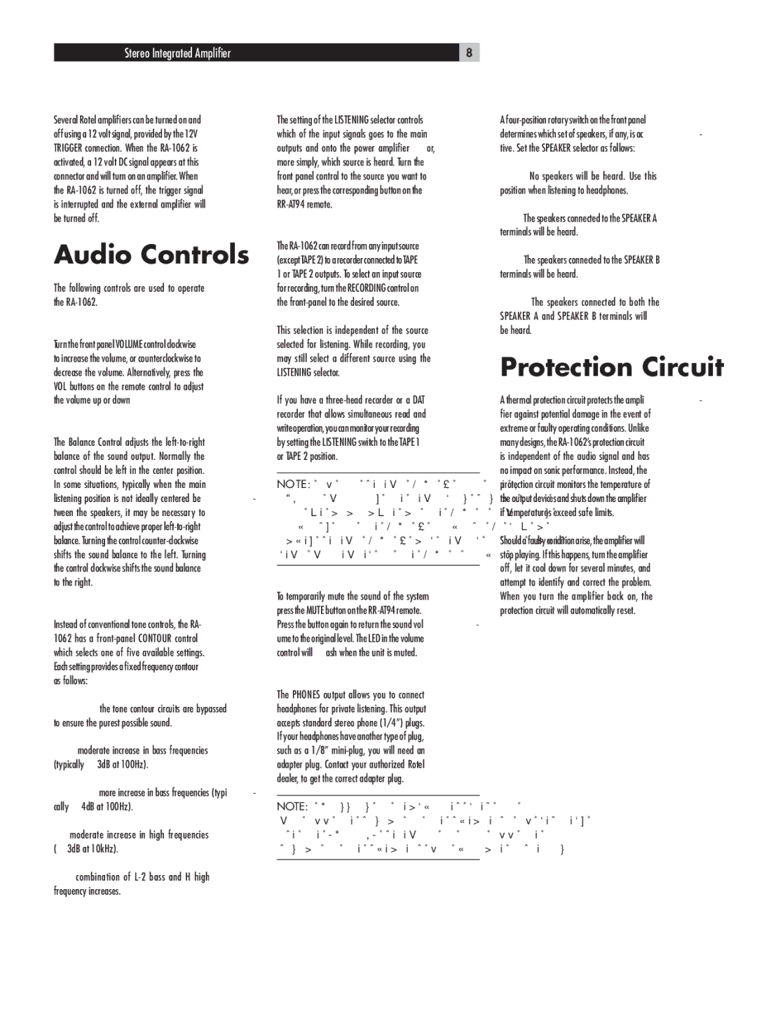 Rotel RA-1062 owner manual Audio Controls, Protection Circuit 