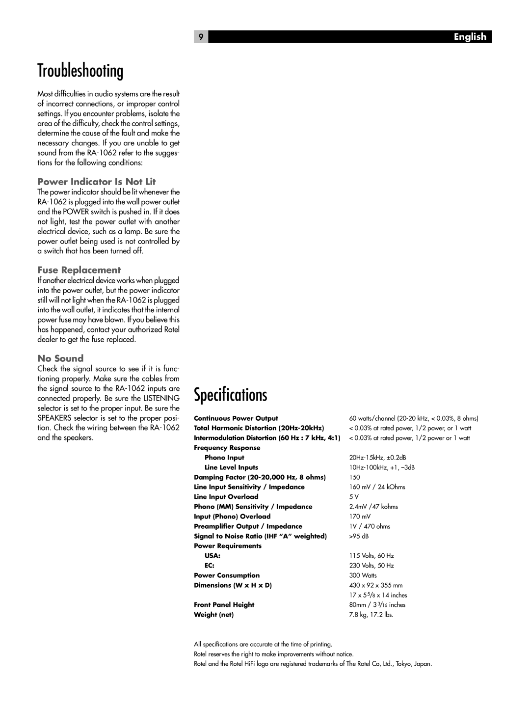 Rotel RA-1062 owner manual Troubleshooting, Speciﬁcations, Power Indicator Is Not Lit, Fuse Replacement, No Sound 