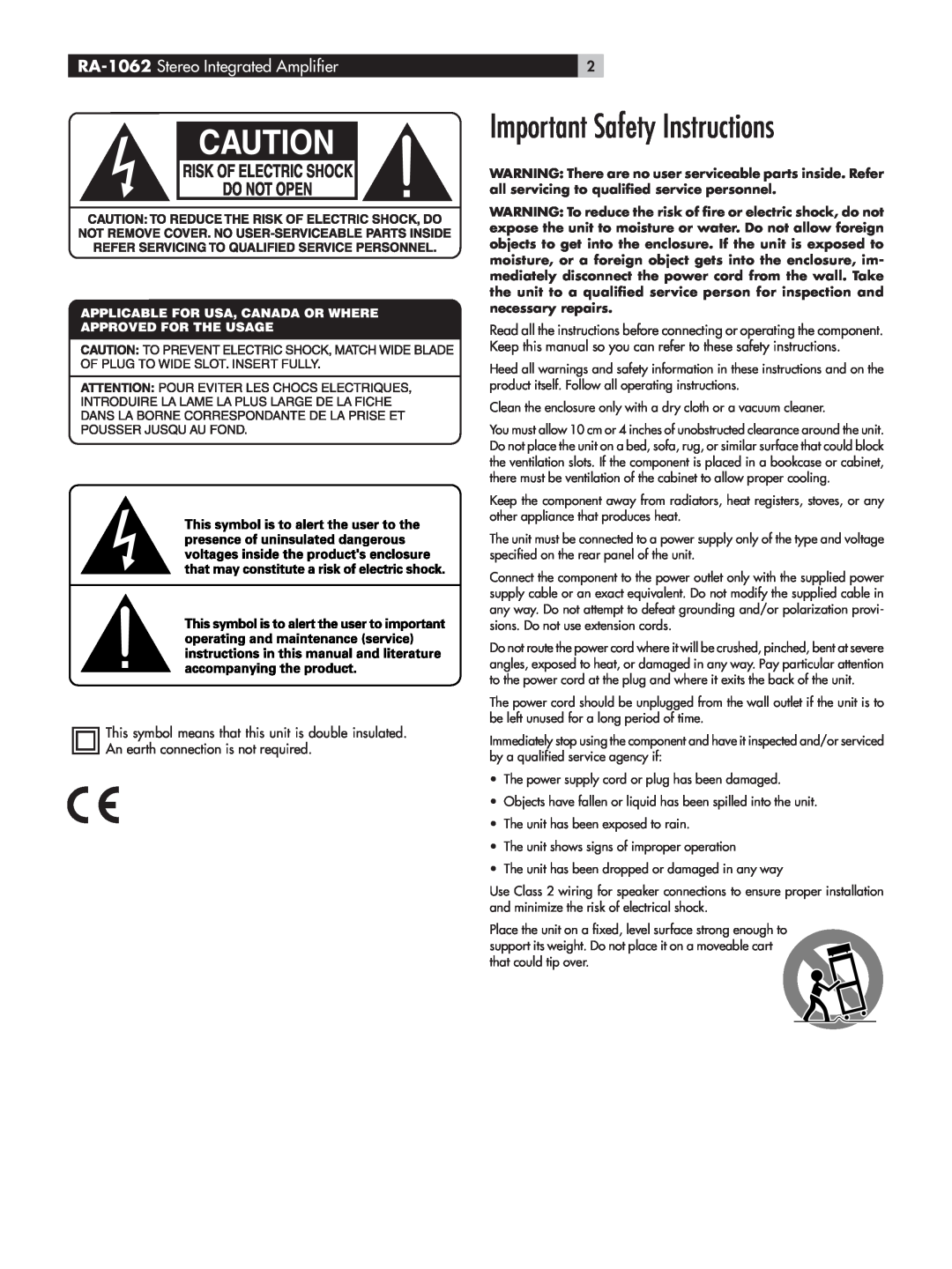 Rotel owner manual Important Safety Instructions, RA-1062 Stereo Integrated Amplifier 