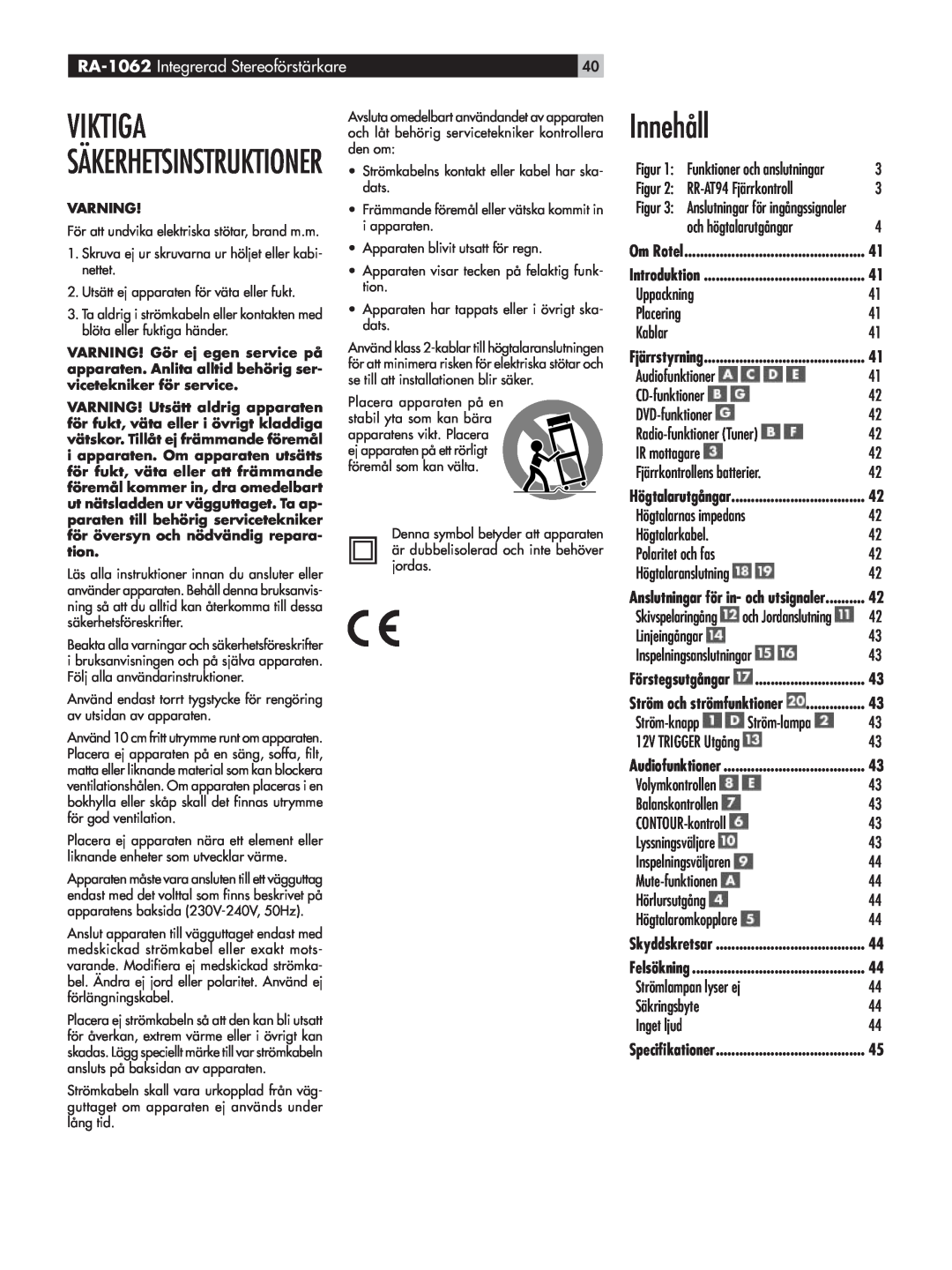 Rotel owner manual Innehåll, Viktiga Säkerhetsinstruktioner, RA-1062 Integrerad Stereoförstärkare 