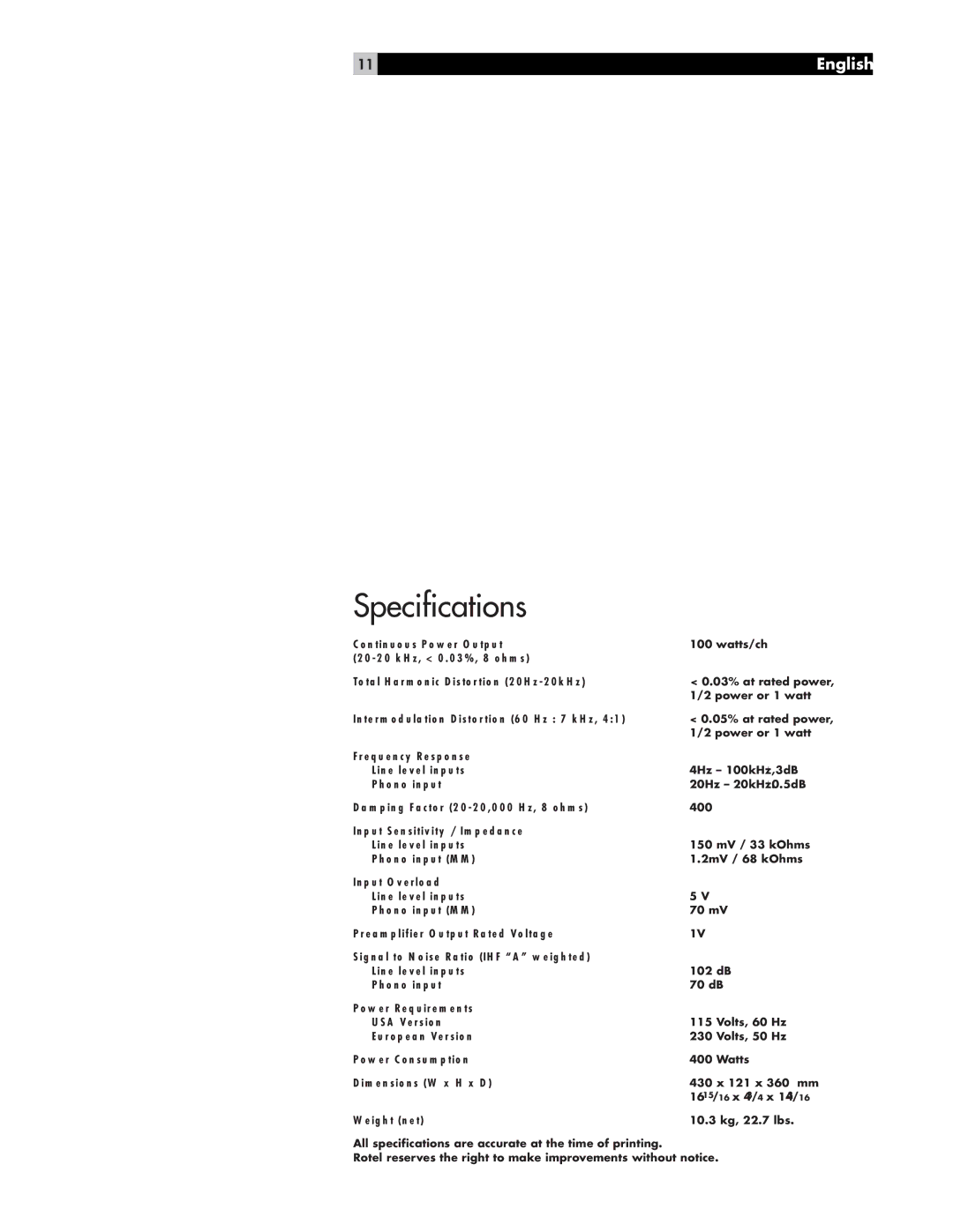 Rotel RA-1070 owner manual Specifications, Weight net 