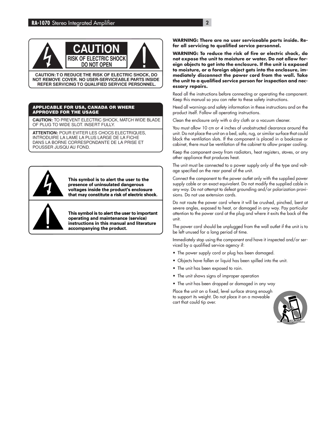 Rotel RA-1070 owner manual Risk of Electric Shock Do not Open 