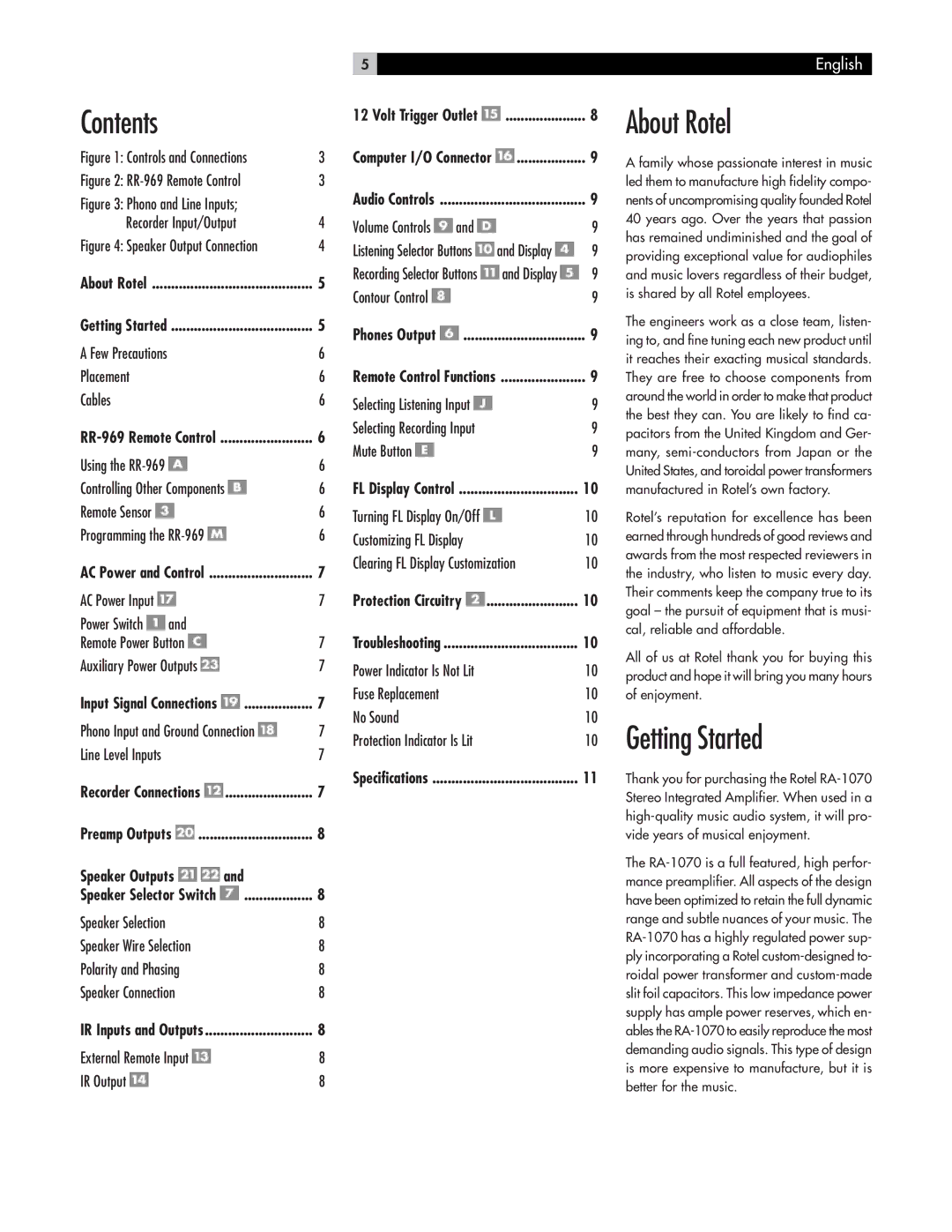 Rotel RA-1070 owner manual Contents, About Rotel, Getting Started 