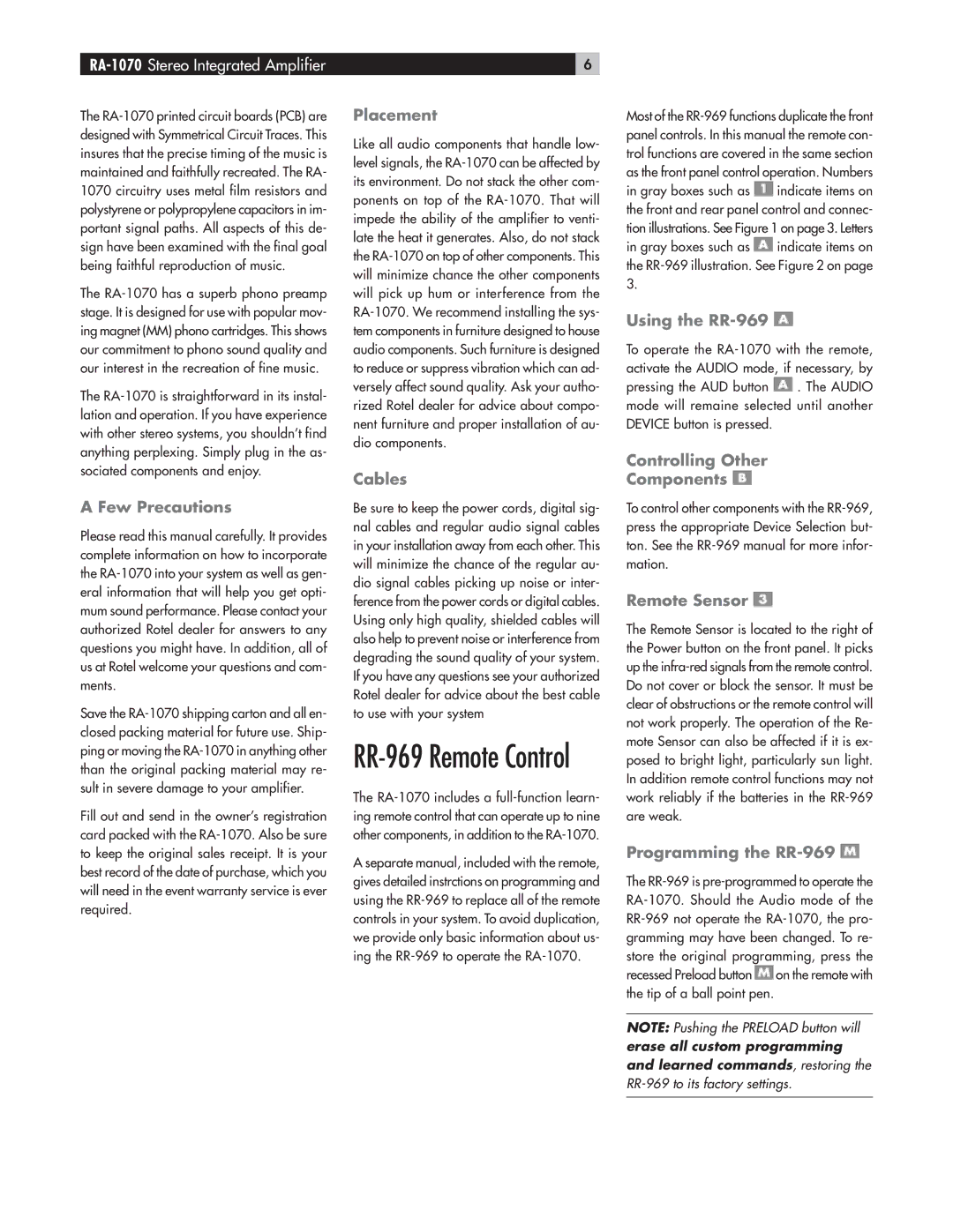 Rotel RA-1070 Few Precautions, Placement, Cables, Using the RR-969, Controlling Other Components, Remote Sensor 