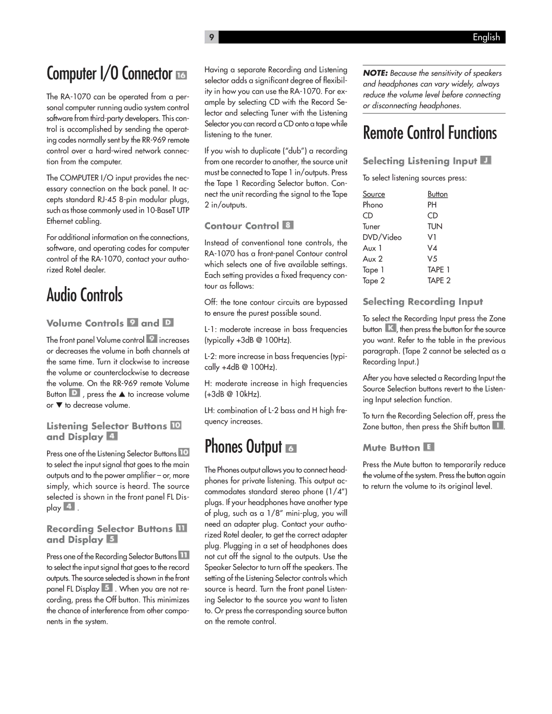 Rotel RA-1070 owner manual Audio Controls, Phones Output 