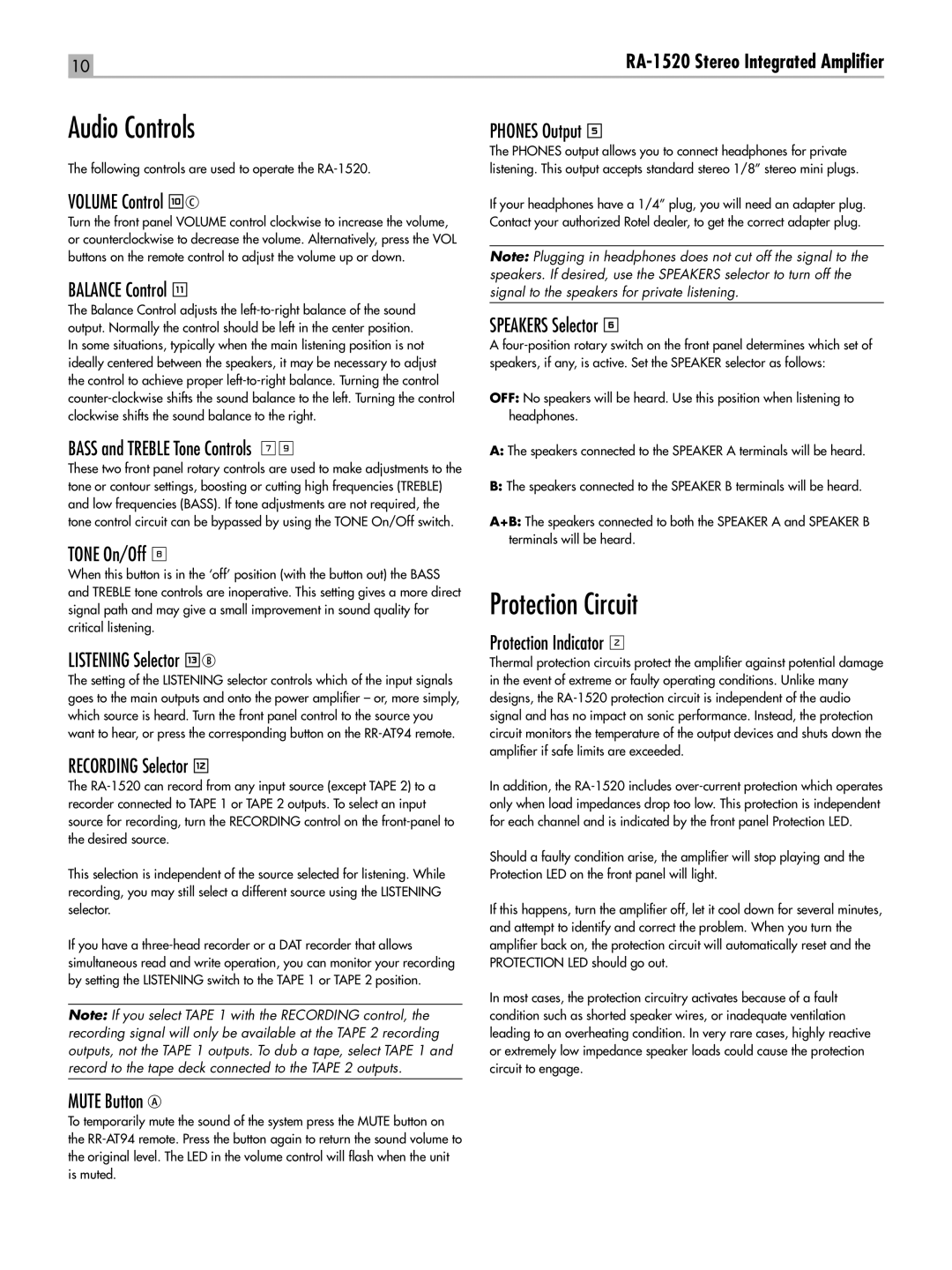 Rotel RA-1520 owner manual Audio Controls, Protection Circuit 