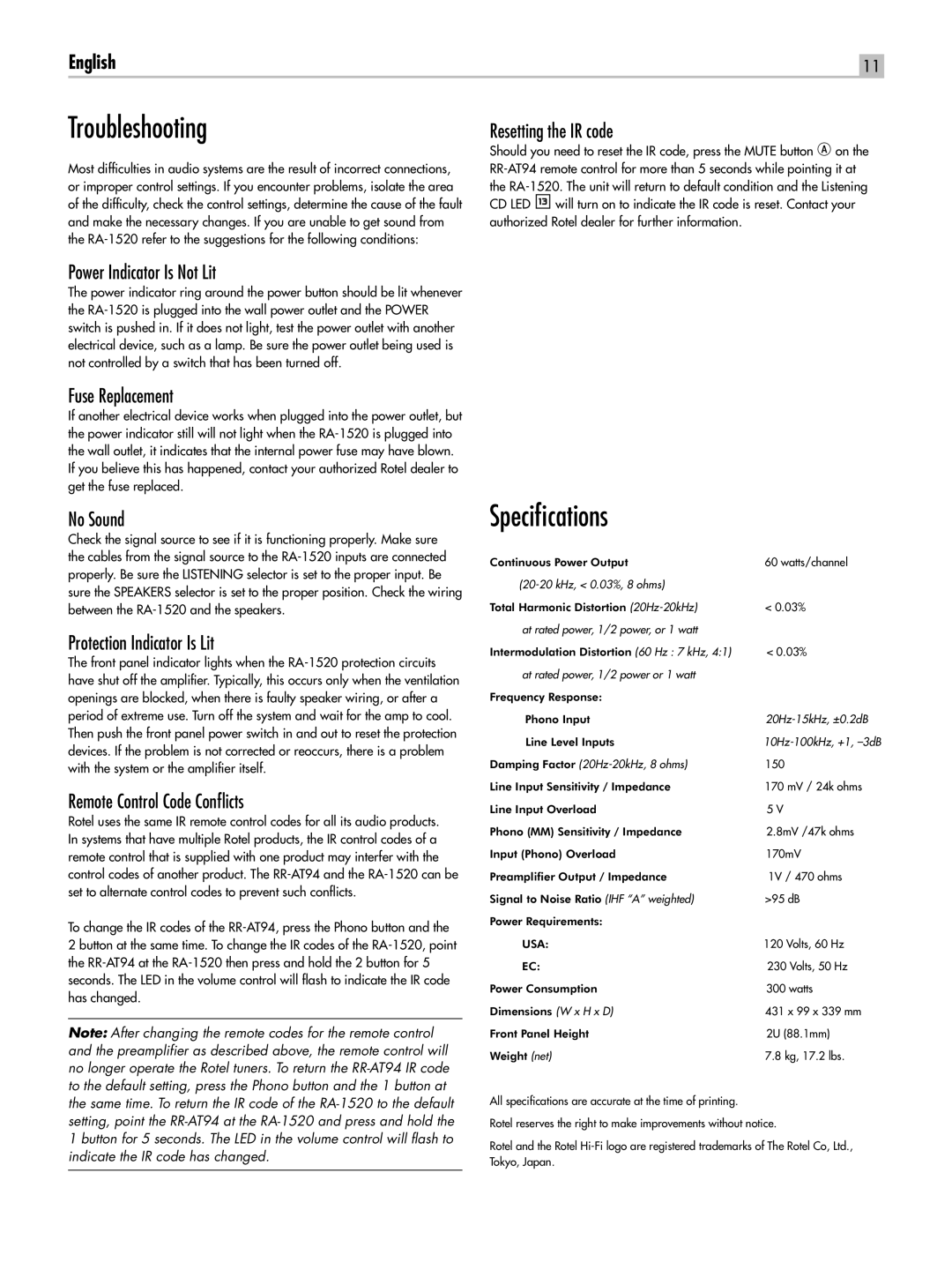 Rotel RA-1520 owner manual Troubleshooting, Specifications 