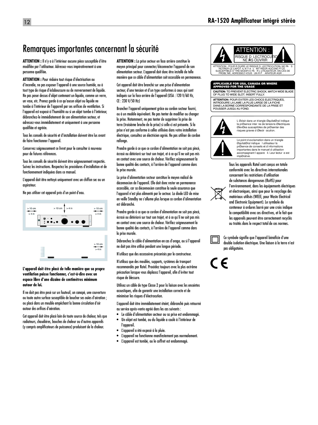 Rotel RA-1520 owner manual Remarques importantes concernant la sécurité, Risque D’ÉLECTROCUTION 