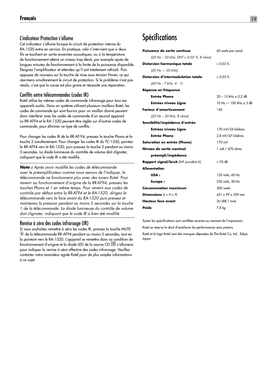 Rotel RA-1520 owner manual Spécifications, ’indicateur Protection s’allume, Conflits entre télécommandes codes IR 