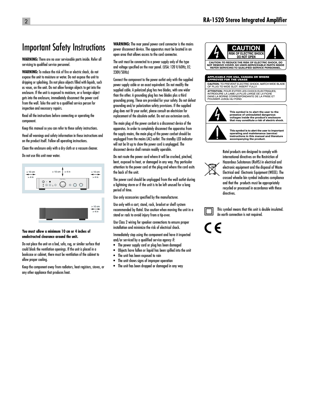 Rotel RA-1520 owner manual Important Safety Instructions 