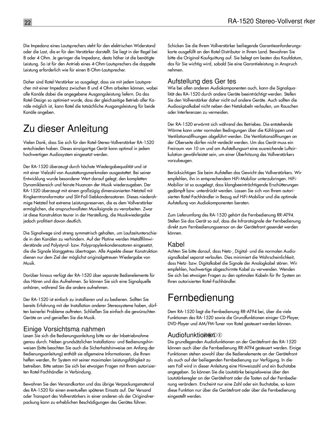 Rotel RA-1520 owner manual Zu dieser Anleitung, Fernbedienung 