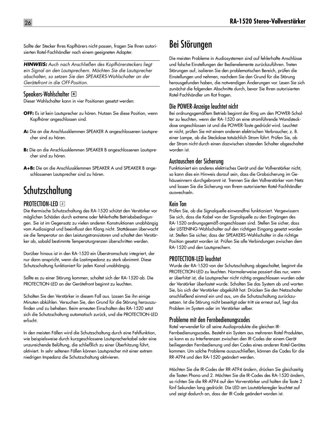 Rotel RA-1520 owner manual Schutzschaltung, Bei Störungen 