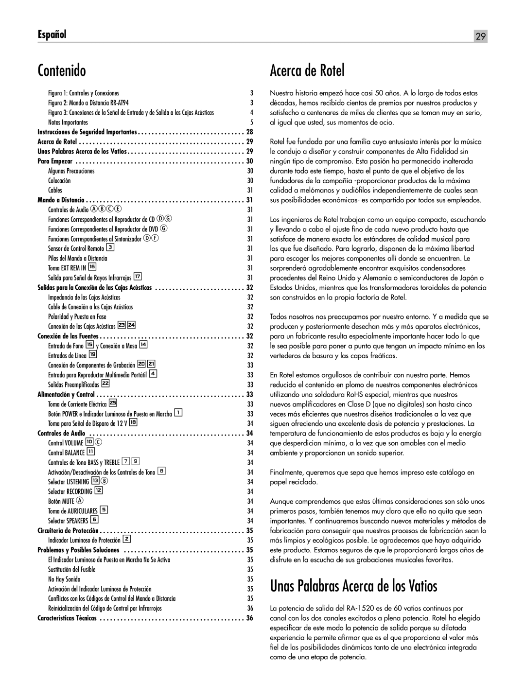 Rotel RA-1520 owner manual Contenido, Acerca de Rotel 